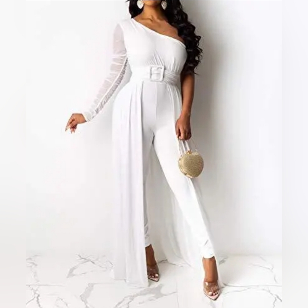 NWT VERWIN Overlay Embellished Plain White Jumpsuit High-Waist one shoulder
